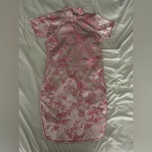 Pink Satin Floral Cheongsam / Qipao Dress